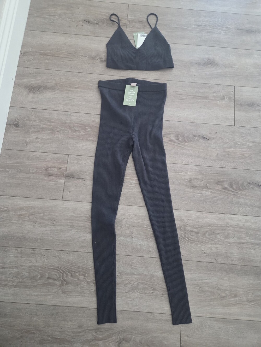 H&M Dark Gray Ribbed Bralette & High-Waist Leggings Set